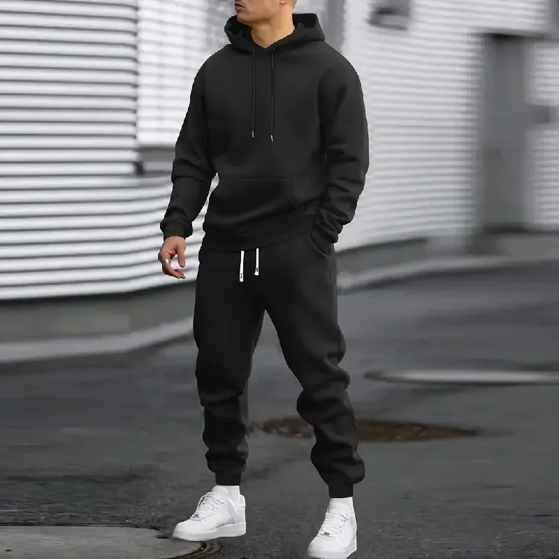 2026 Men's Thickened Solid Color Hoodie & Pants Set Casual Sportswear 2 Piece Hooded Sweatshirt Suit for Daily Outdoor