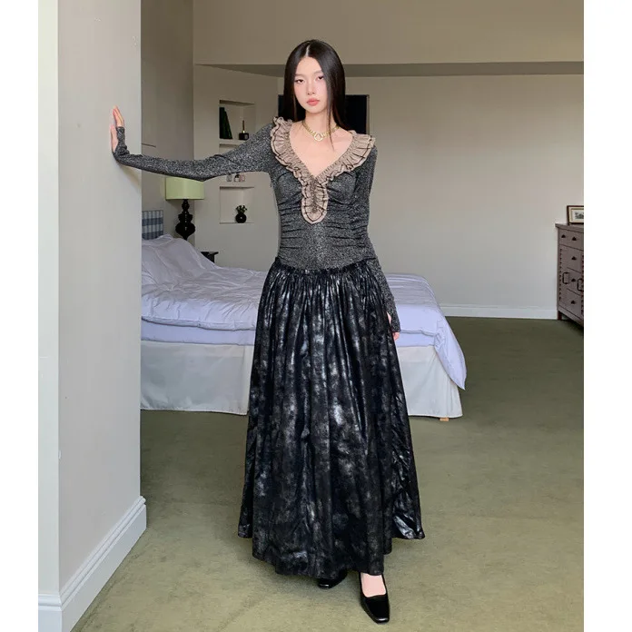 Vintage Y2K Ruffled V-neck Lurex Bright Silk Spliced A-line Dress For Women Elegant Street-style Casual Trendy Outfit  Autumn