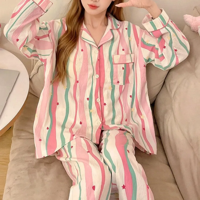 New Spring and Autumn Women's Pajamas, Cloud Pattern, Long Sleeve and Long Pants, Loose and Cute, Beautiful Girl Homewear Set