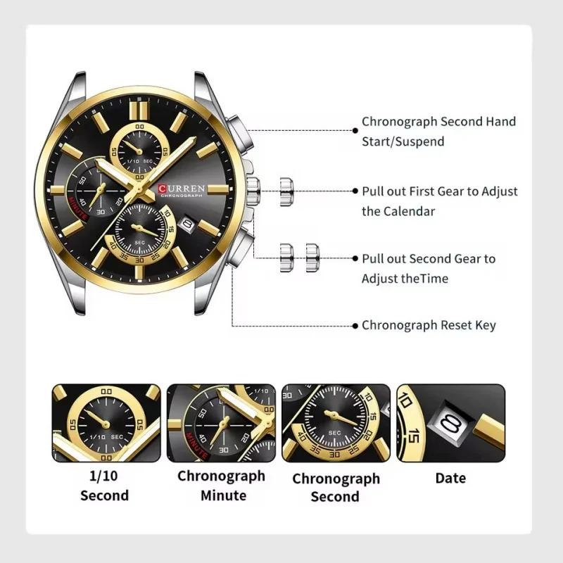 CURREN 8475 New Fashion Men's Quartz Watch Business Calendar Watch 6-Hand Stainless Steel Strap Quartz Watch view 5