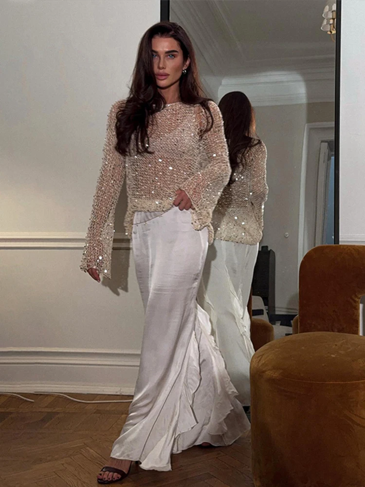 Pulls en tricot évidés à paillettes pour femmes, col rond, manches longues, pulls pour femmes, chemises de soirée Kendny Chic, dame, printemps, nouveau, 2025