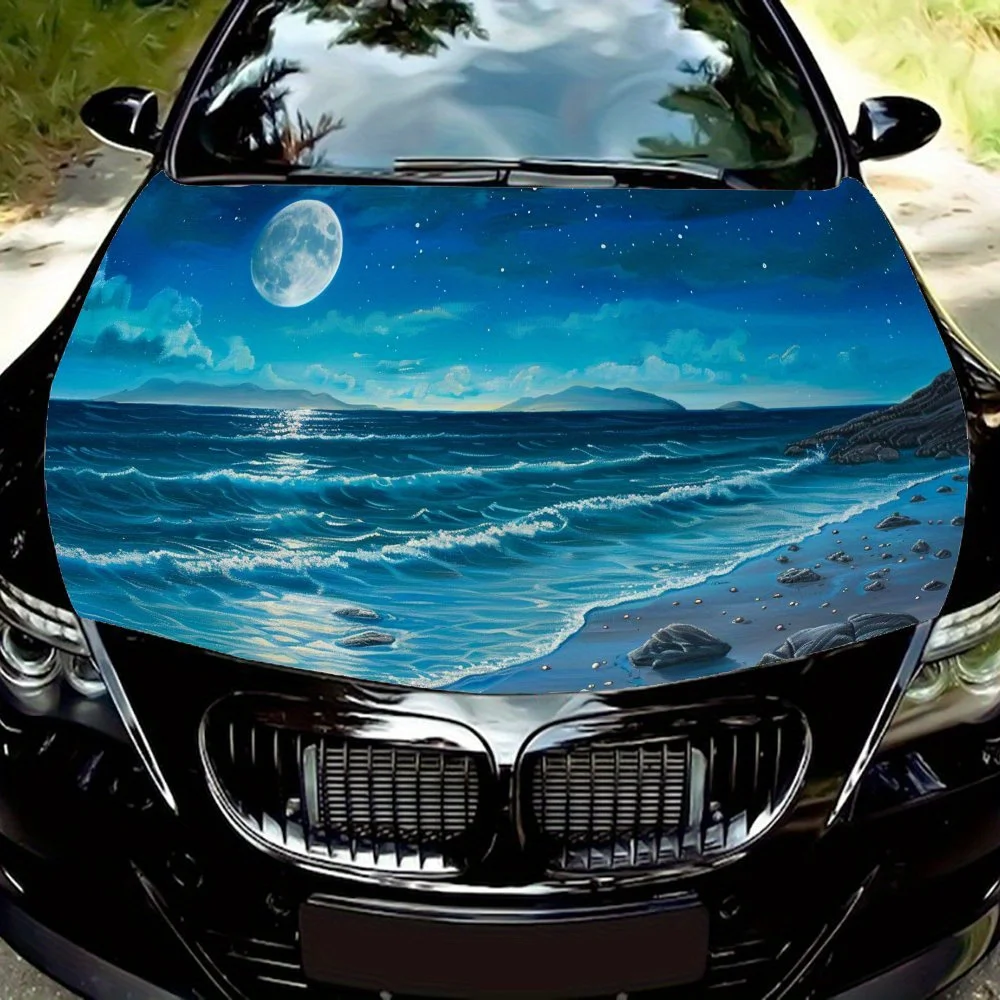 

Moon Shadow on Waves Car Hood Decal,Self-Adhesive PVC Hood Sticker,car Decor Scratch Resistant Sticker Protect,Auto Accessories