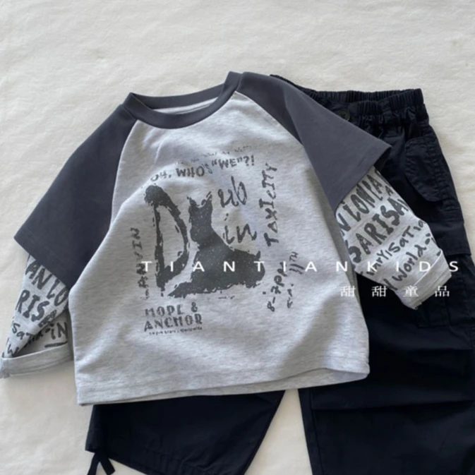 Boys T-shirt 2026 Spring and Summer New Children's Clothing Korean Style Boys and Girls False Two Letters American T-shirt