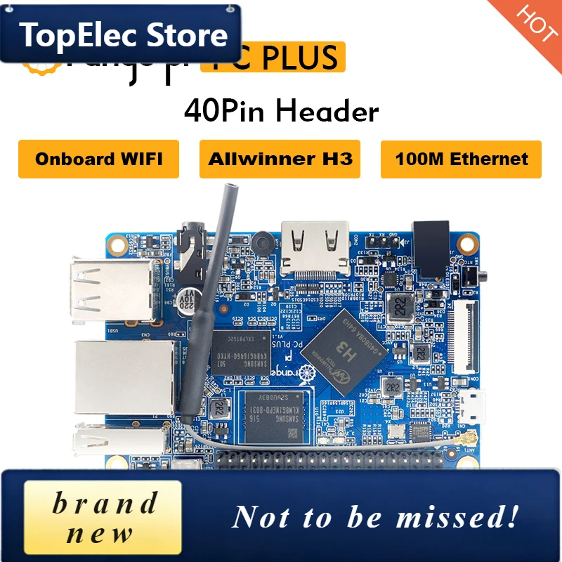 TopElec Orange Pi PC Plus 1GB RAM 8GB EMMC Flash Single Board Computer Allwinner H3 CPU Support TF Card/HDMI/WiFi/40Pin DC Power