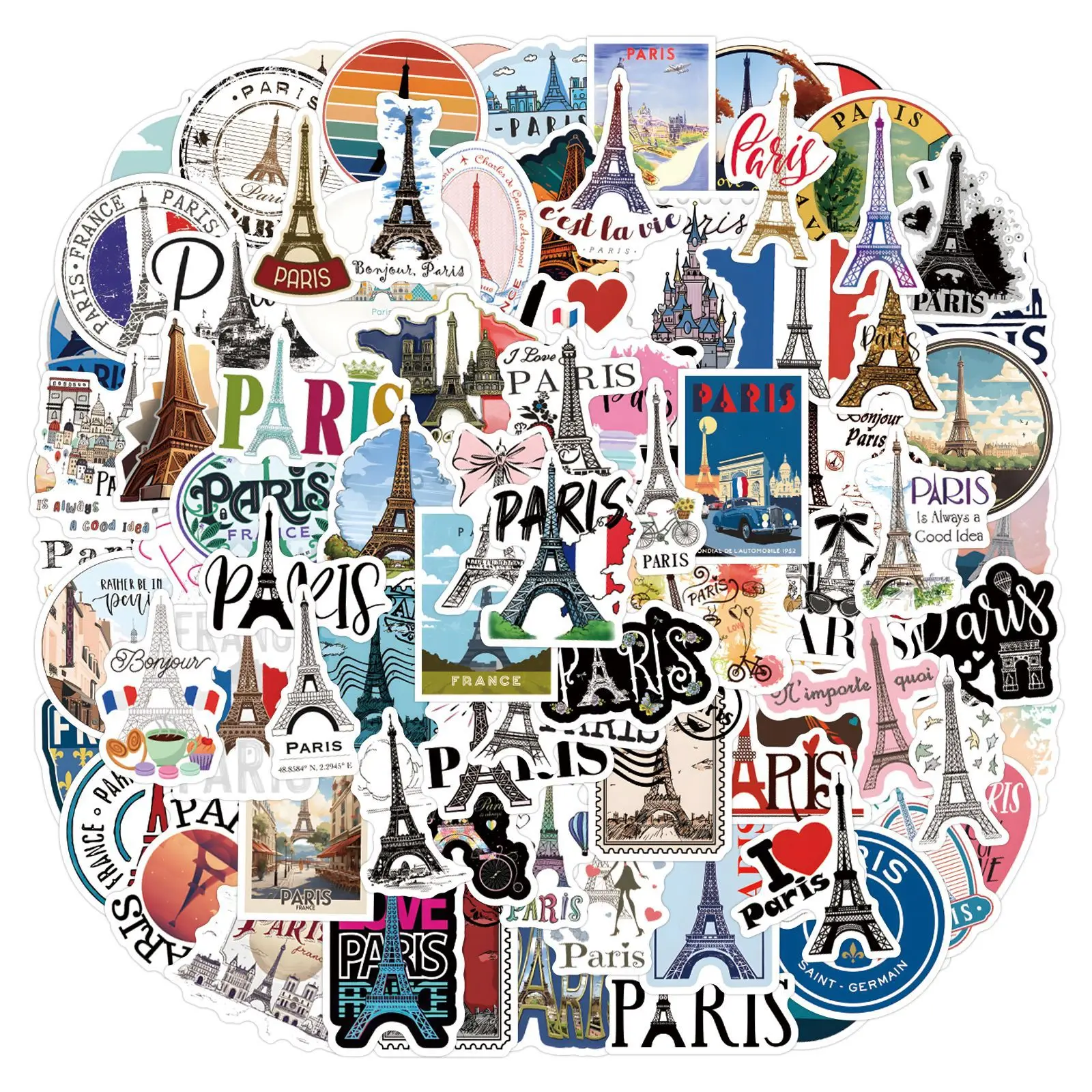 10/30/50/110PCS France Paris Stickers Travel Scenery Stciekr Eiffel Tower Commemorate Decals DIY Laptop Guitar Bike Kids Toy