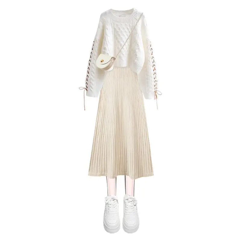 Conjunto de dos piezas de punto estilo Preppy para mujer, Jersey holgado con cuello redondo, falda, trajes elegantes, invierno y otoño, 2025