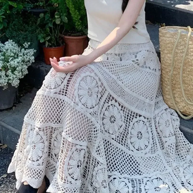 

Loose Apricot Hollow Hook Flower Boho Long Skirts High Quality Cotton Full Skirts Summer Vacation Sweet Women Knitting Dresses