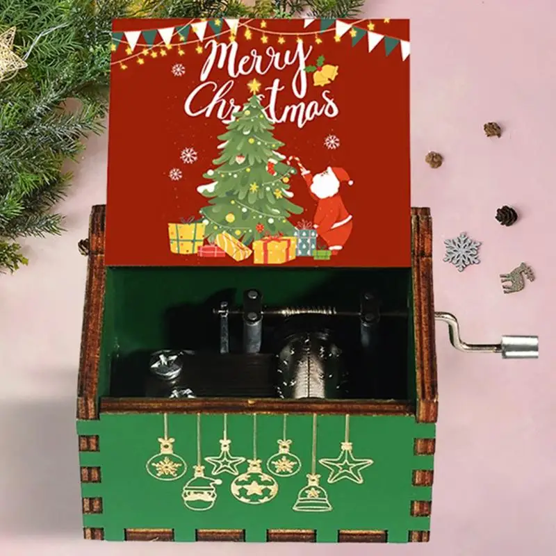 Красно-зеленая Рождественская Музыкальная шкатулка с резьбой деревянная музыкальная шкатулка с ручкой Санта новогодний Рождественский подарок для детей друг