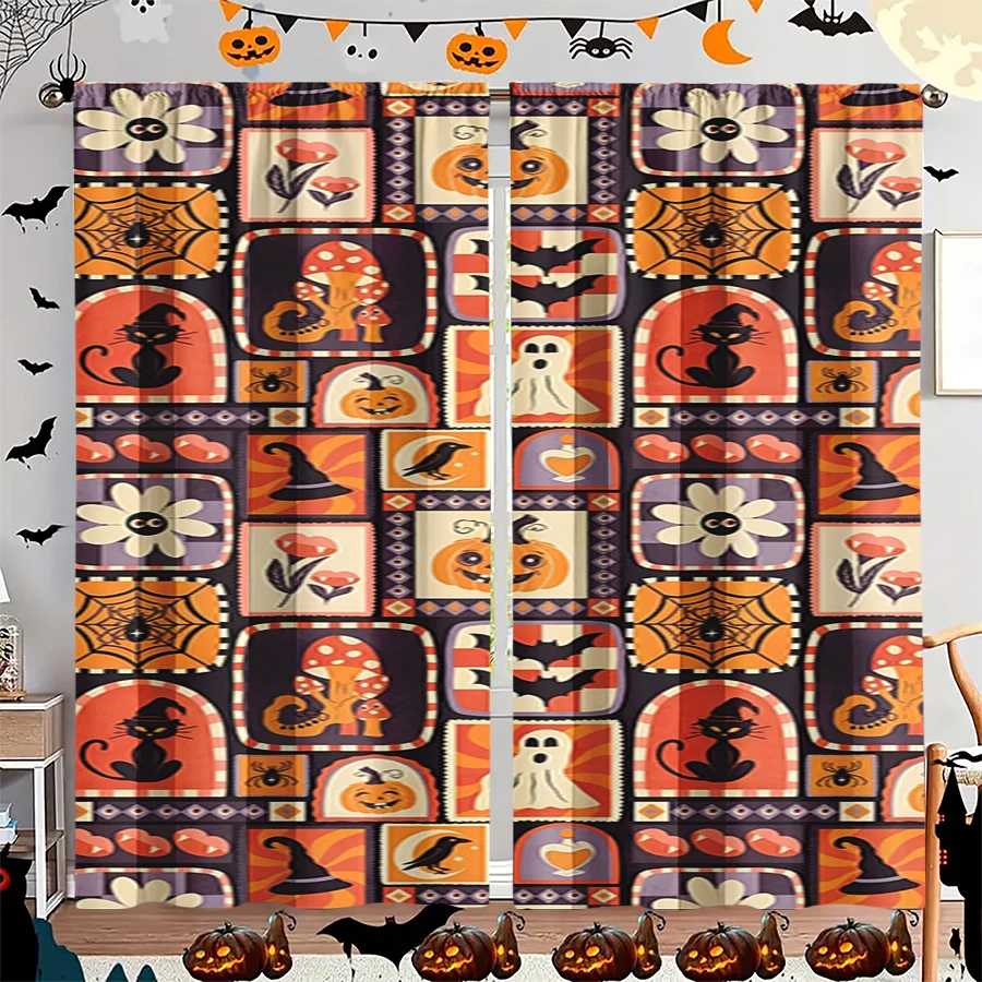 2PCS Digital Print Curtain, Retro Postage Stamp Black Cat Mushroom Ghost, Halloween Vintage Purple for Living Room Decor