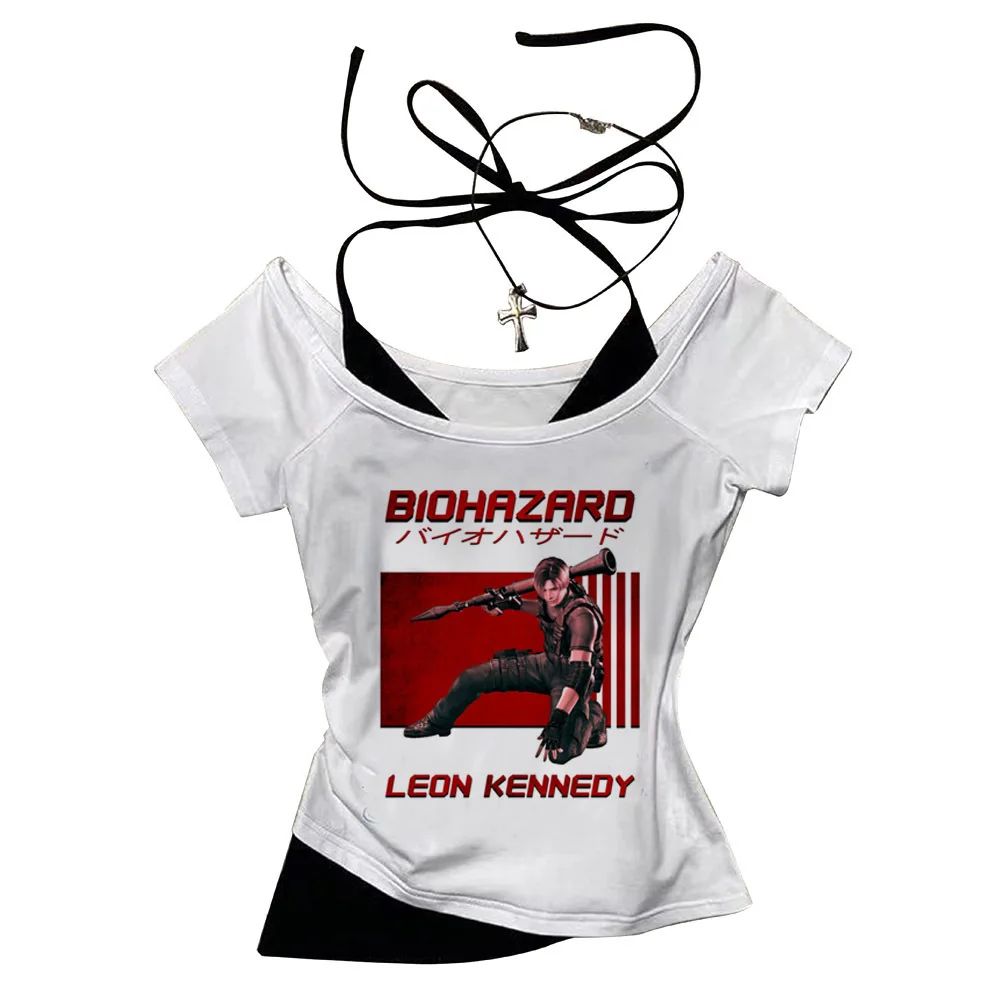 Leon Kennedy crop top vintage  corset shoujo girl style harajuku summer cropped Aesthetic Slim Fit Cute teens tees