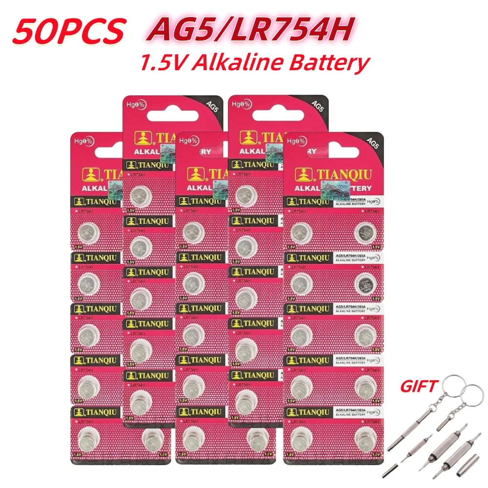 TIANQIU 1.55V AG5 LR754 Button Batteries SR754 193 393 L754 SR754SW LR48 Round Cell Coin Alkaline Battery for Watch Toys Clock