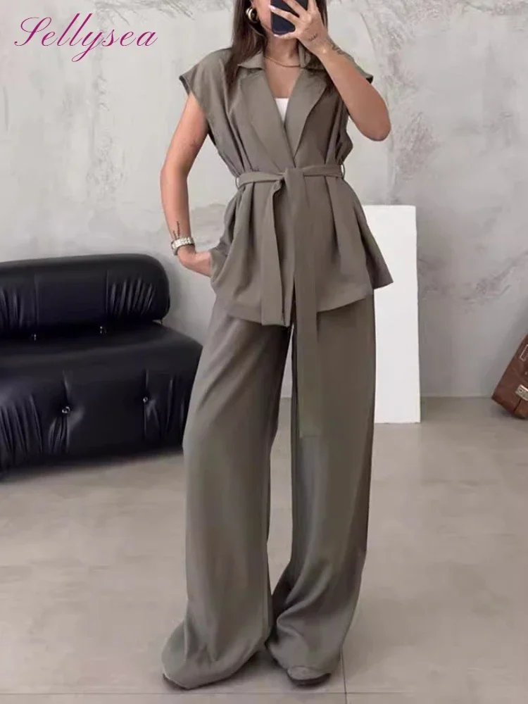 Spring Summer Office Lady Fashion Elegance Solid Color Turn Down Collar Belt Sleeveless Vest+High Waist Wide Leg Long Pants