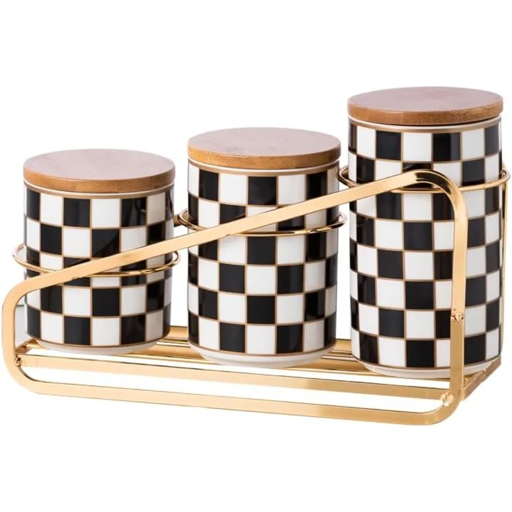 

Набор кухонных канистр, 3 шт., керамические банки для хранения с клетчатым узором и многослойными полками, герметичные контейнеры для муки, сахара