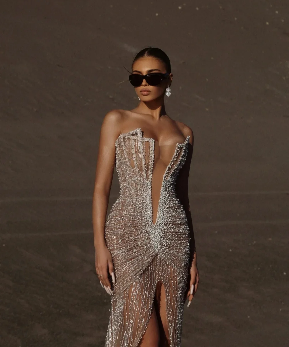 

Women Sexy Illusion High Slit Evening Dress Luxury Long Cocktail Dresses Sparkly Pearls Beads Prom Gown Customized