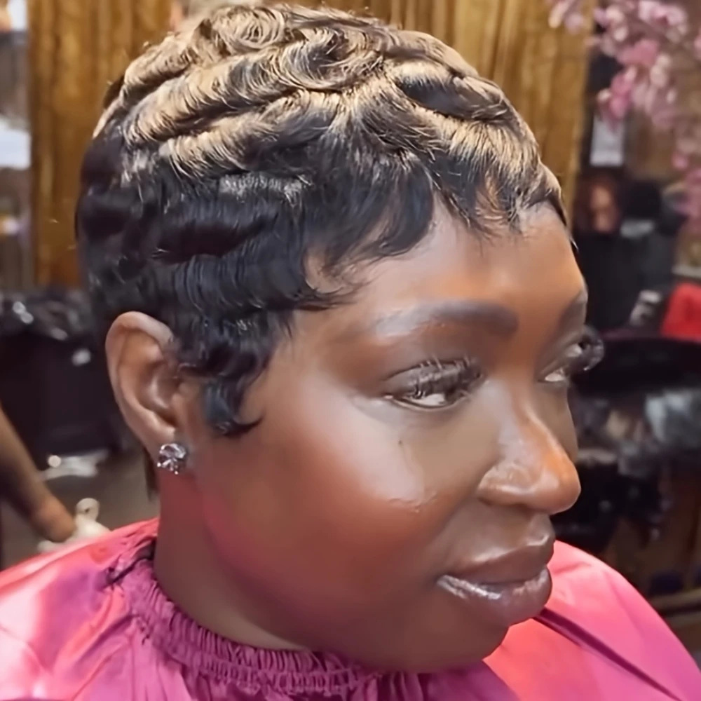 150% densidade 4 Polegada pixie corte encaracolado onda peruca de cabelo humano para mulheres completa máquina feita peruca para uso diário e festa