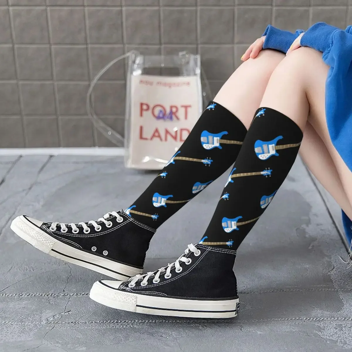 Cobalt Blue Left-Handed Rickenbacker 4001C FLCL Bass Guitar Socks Harajuku Stockings All Season Long Socks for Christmas Gifts