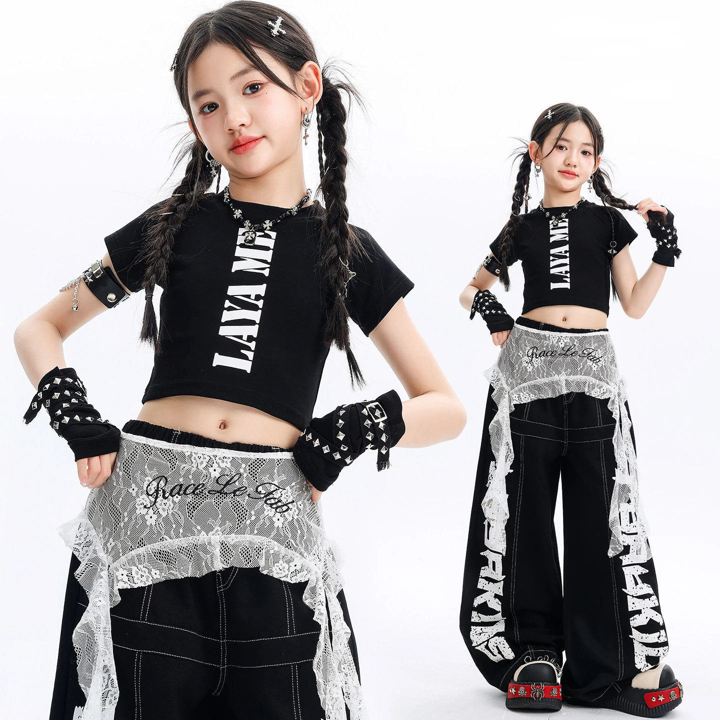 

Kid Kpop Hip Hop Clothing Black Letters Crop T Shirt Denim Casual Wide Leg Stitching Jeans Pants for Girl Dance Costume Clothes