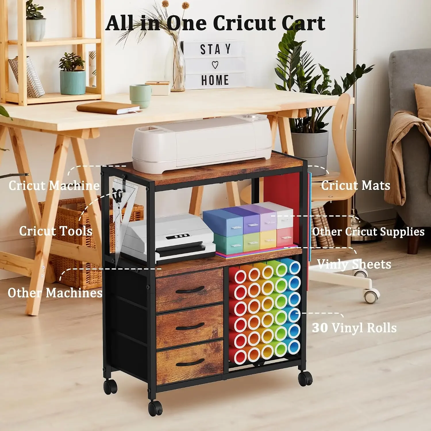 Bestselling30 Vinyl Roll Holders for Cricut Cart, Rolling Craft Cart with 3 Fabric Drawer, Craft Organization and Storage Compat