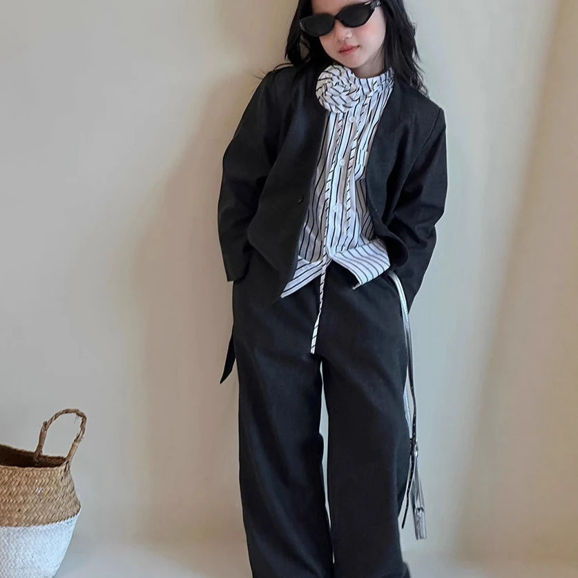 

Suit 2025 Autumn New Children's Clothing Korean Style Girl Baby Commuting Temperament Loose Striped Shirt Suit Three-piece