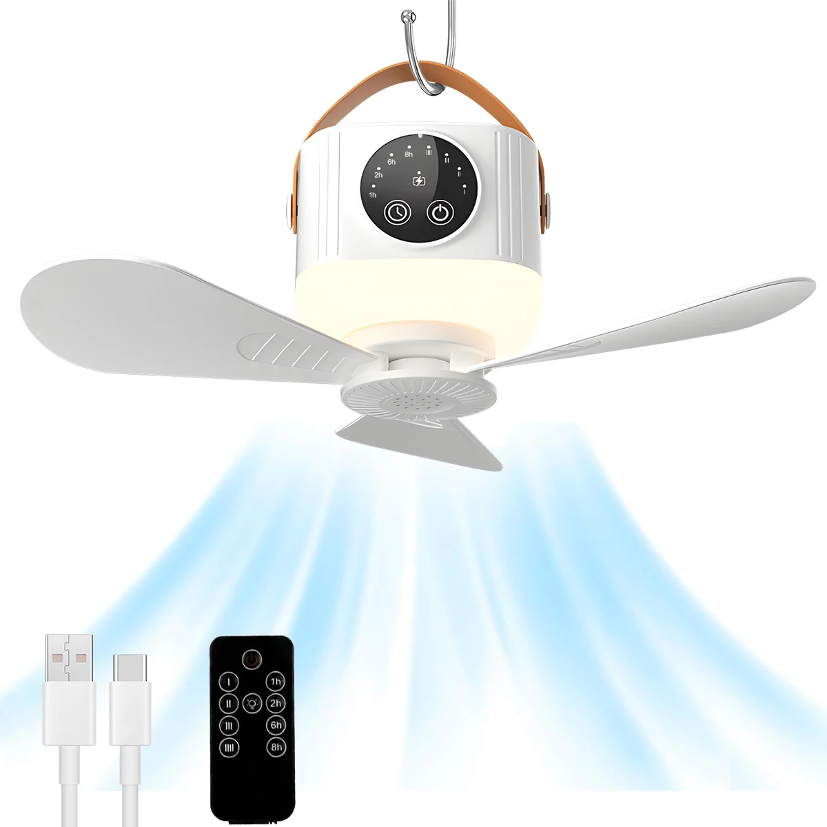 Wiederaufladbarer Hängeventilator, 3600 mAh, 4 Geschwindigkeitsstufen, 3 Lichtstufen, tragbarer USB-Deckenventilator für Zelt, Camping, Reisen
