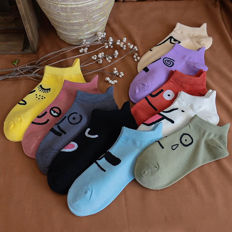 High Quality Women Socks Expression Casual Candy Colors Cotton Cartoon Socks Female Harajuku Funny Socks Comfortable Ankle Socks