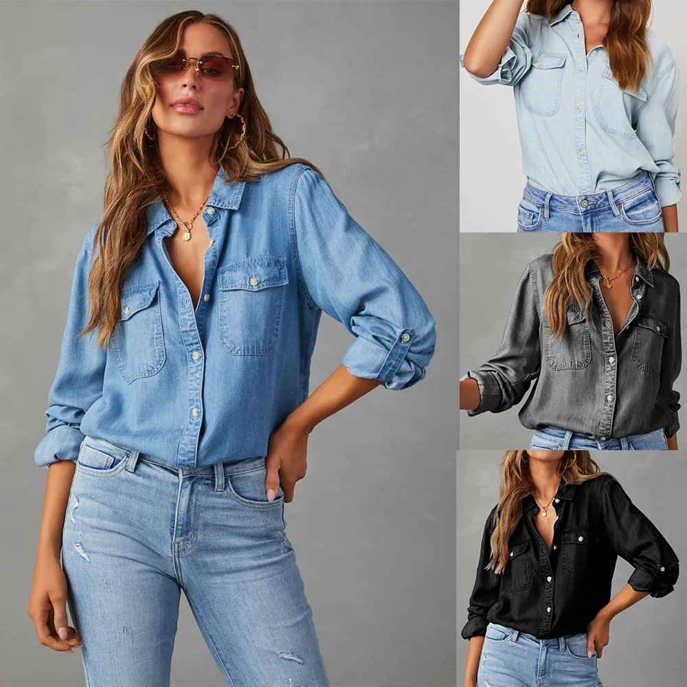 

Zeyla Women's Denim Shirt Long Sleeve - Casual Turn - Down Collar Single - Breasted Stylish Blouse for Autumn Daily Streetwear