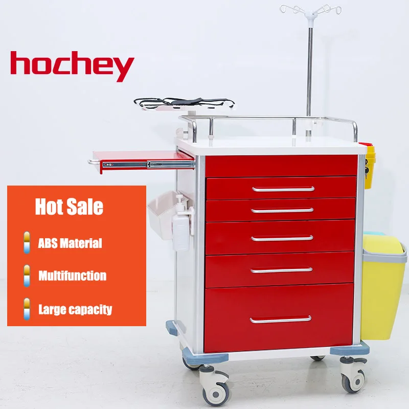 Modern Design Hospital Abs Plastic Emergency  Trolley Cart With Iv Pole Medicine Crash Cart Trolley