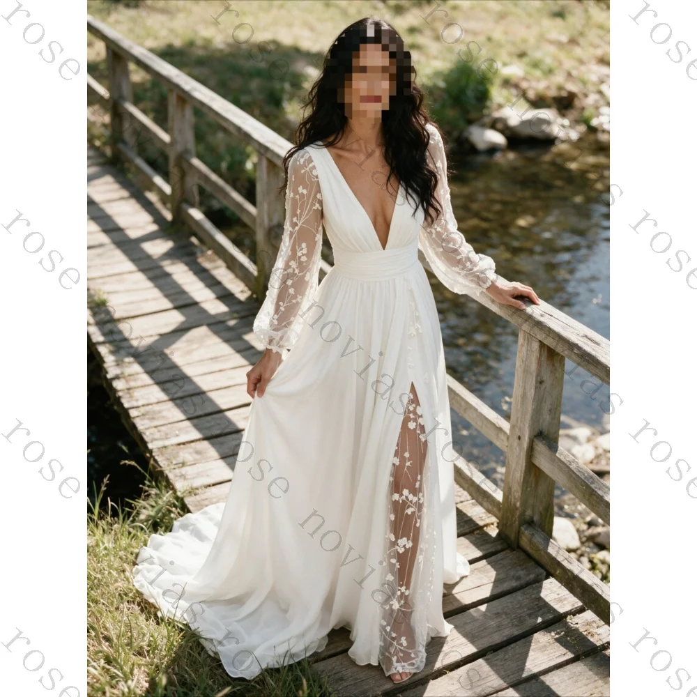 Customized Bohemian Deep V-neck Long Sleeved Lace Wedding Dresses A-line Chiffon High Waisted Bridal Gown Suitable for Gardens