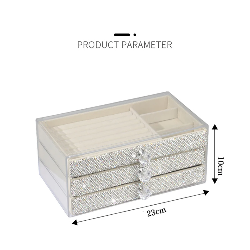 Rhinestone Three Layer Velvet Jewelry Storage Box Transparent Earring Jewelry Organizer Ring Display Jewelry Box Dust Proof Case