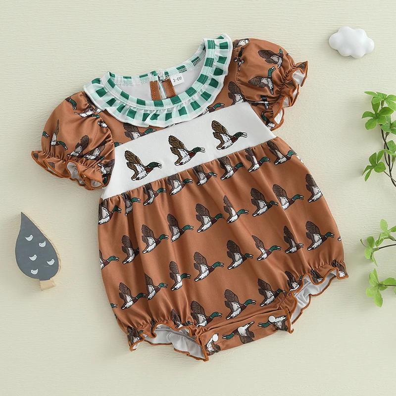 

0-18M Baby Girls Summer Sweet Romper Infant Short Sleeve Round Neck Duck Print Romper for Newborn Infant