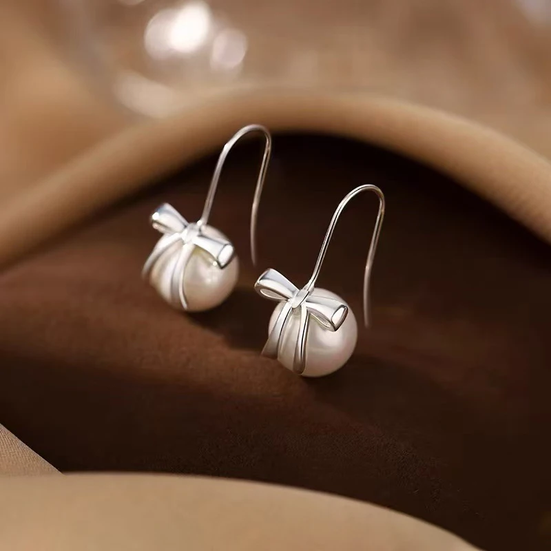 Real 925 Sterling Silver Bowknot Pearl Stud Earrings For Women Wedding Classic Fine Jewelry Light Luxury accessories view 5