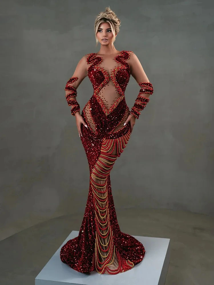 فساتين سهرة أنيقة للحفلات فيستدو أحمر لامع ترتر لؤلؤي سلسلة شفافة من خلال شبكة فستان طويل بأكمام طويلة مطرز بالخرز ماكسي #2