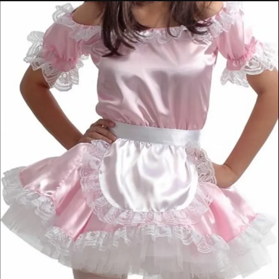Adulto gigante bebé chica Sexy rosa un hombro vestido de satén delantal blanco Sissy juego de rol maquillaje bola mucama personalizado multicolor