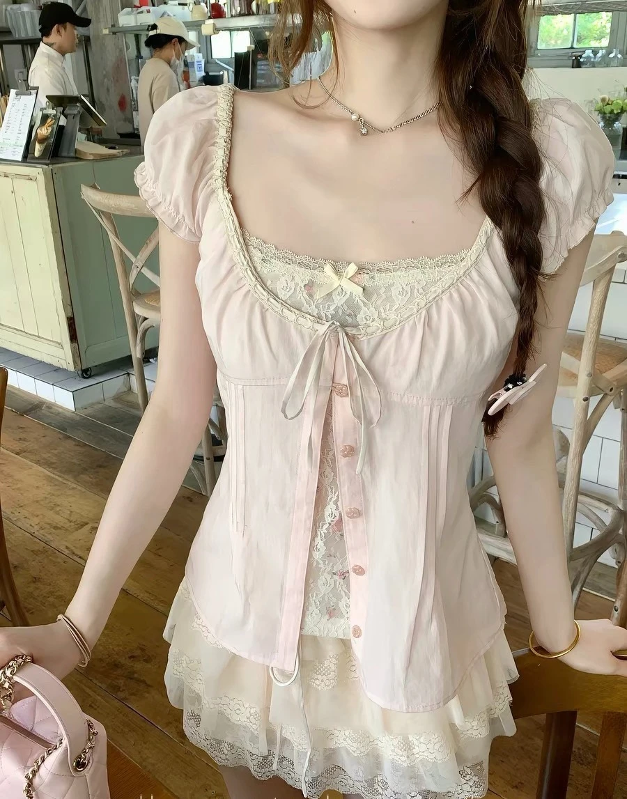 Kawaii Lolita Lace Bow Short Sleeve Tops Women Korean Commuter Slim Fake Two Piece Shirts Japanese Y2K Cute Daily Street Blouse