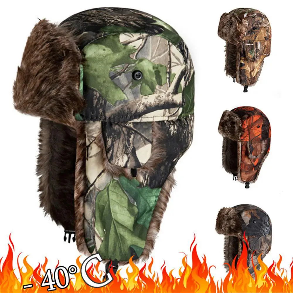 Men Winter Trapper Bomber Hats Women Camouflage Russian Plush Thicken Warm Earflap Hat Outdoor Sports Skiing Hunting Fishing Fur