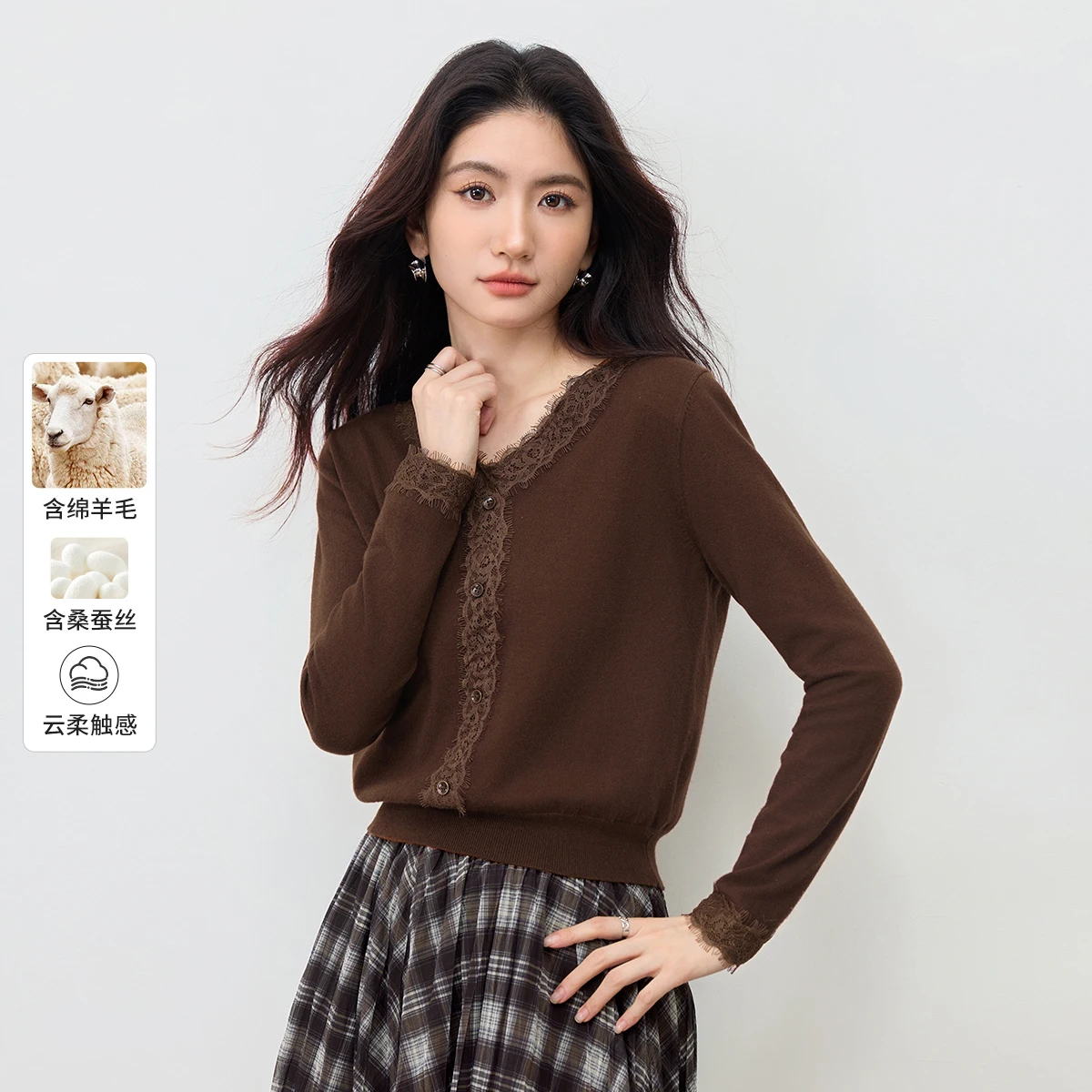 Sentubila casual rendas com decote em v suéteres femininos 2025 outono micro-elástico pulôveres de malha simples manga longa topos w53eg4170