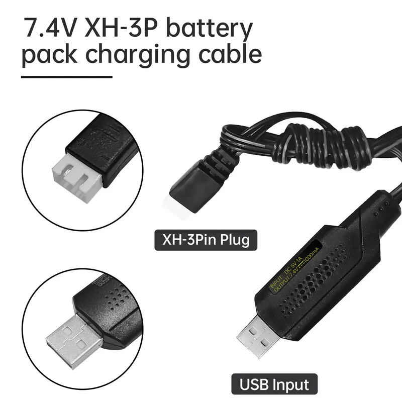 2S 7.4V 1A USB Charger for 7.4V 2S Lipo Batteries with XH-3P Connectors, RC Cars,Drones,Boats 7.4V Batteries USB Charging Cable