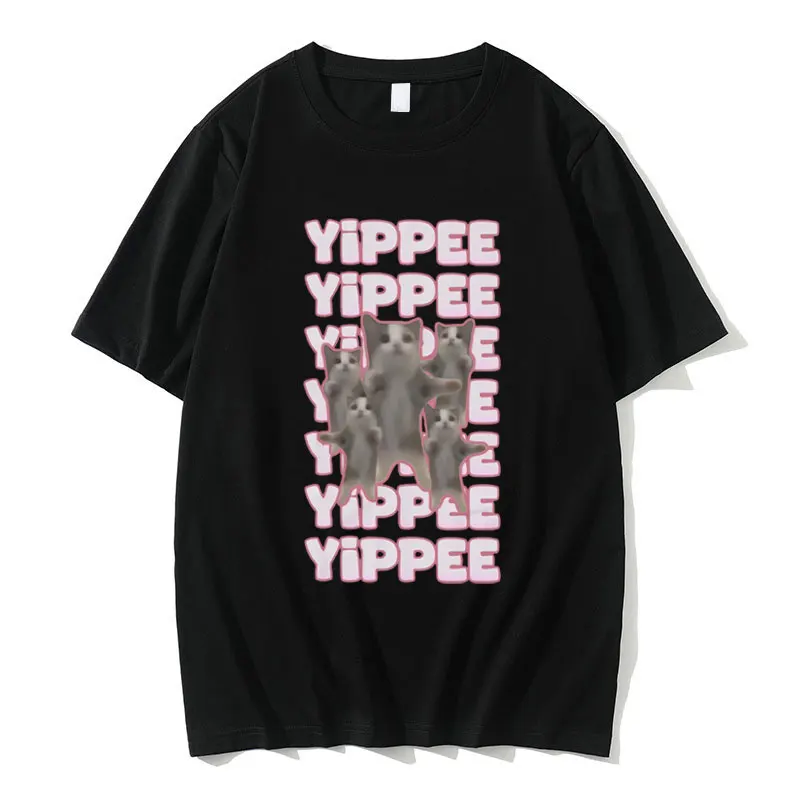 

Yippee забавная футболка с рисунком кота-мема, летняя мужская и женская футболка для любителей кошек, новинка, футболка унисекс, повседневные футболки с круглым вырезом