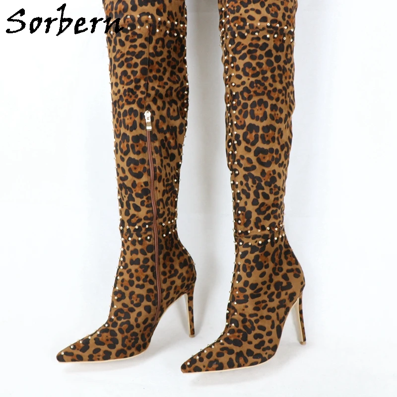 Sorbern Women Boots Leopard Faux Suede Over The Knee Length High Thin Heels Pointed Toe Plush Lining Half Size Zipper Custom