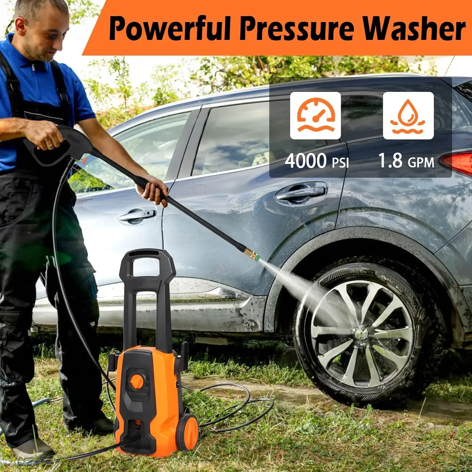 Electric Power Washer Pressure Washer with Foam Cannon, 4 Diffrent Pressure Tips,  for Home, Garden, Car Cleaning-4000PSI 1.8GPM