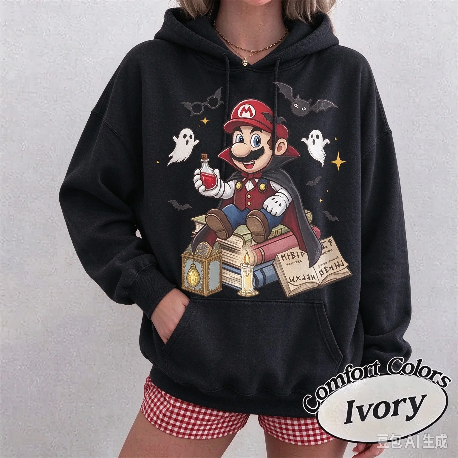 Halloween Vampire Mario Graphic Hoodie Unisex, Super Mario Witch Potion Ghost Bat Print Pullover Sweatshirt, Oversized