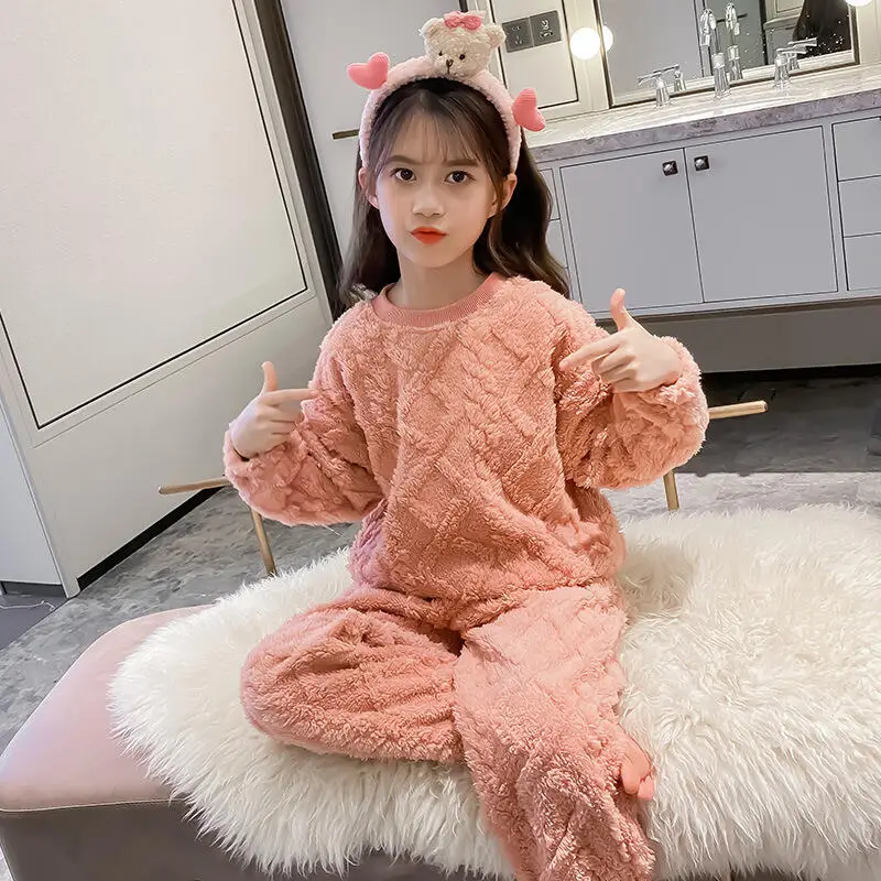 

Kawaii фланелевой утепленный пижамный комплект для девочек, студенческий зимний повседневный домашний комплект с круглым вырезом, пижамные штаны, комплект из 2 предметов, детская одежда