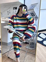 Rainbow Striped Pajamas Autumn and Winter Women's Soft Sweet Academy Style fleece-lined Thickened Coral Fleece Home Clothes suit