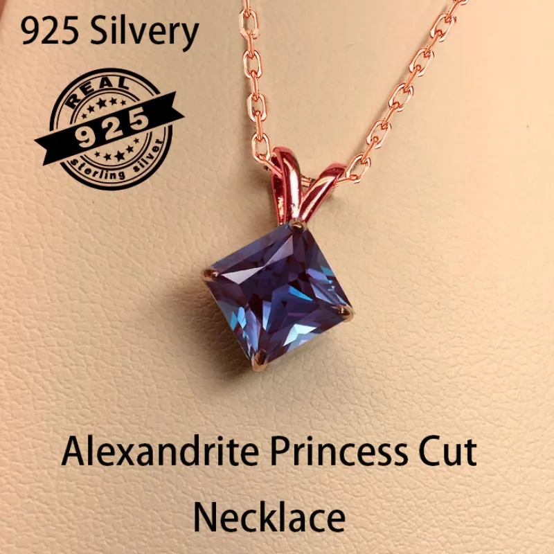 

925 Silvery Synthetic corundum Alexandrite Color Change Necklace 10x10mm Princess Cut Gemston, Luxury birthday gift for ladies