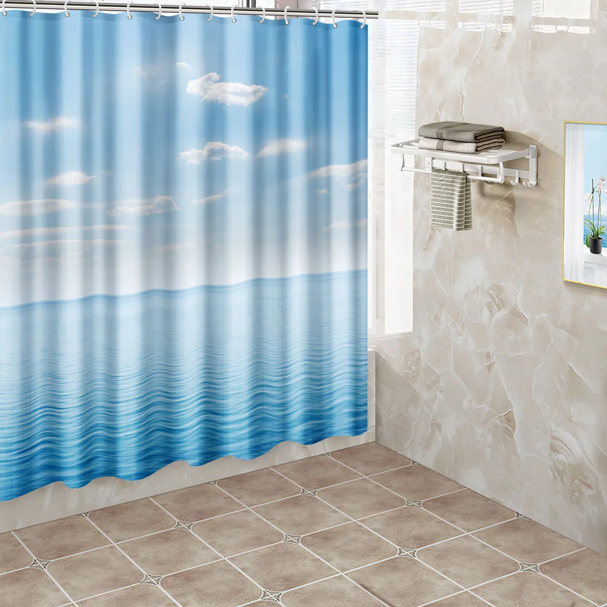 1pc Sky Oceant Shower Curtain Bathroom Partition Decorative Curtain Machine Washable Blue Sky Print Window Privacy Curtain