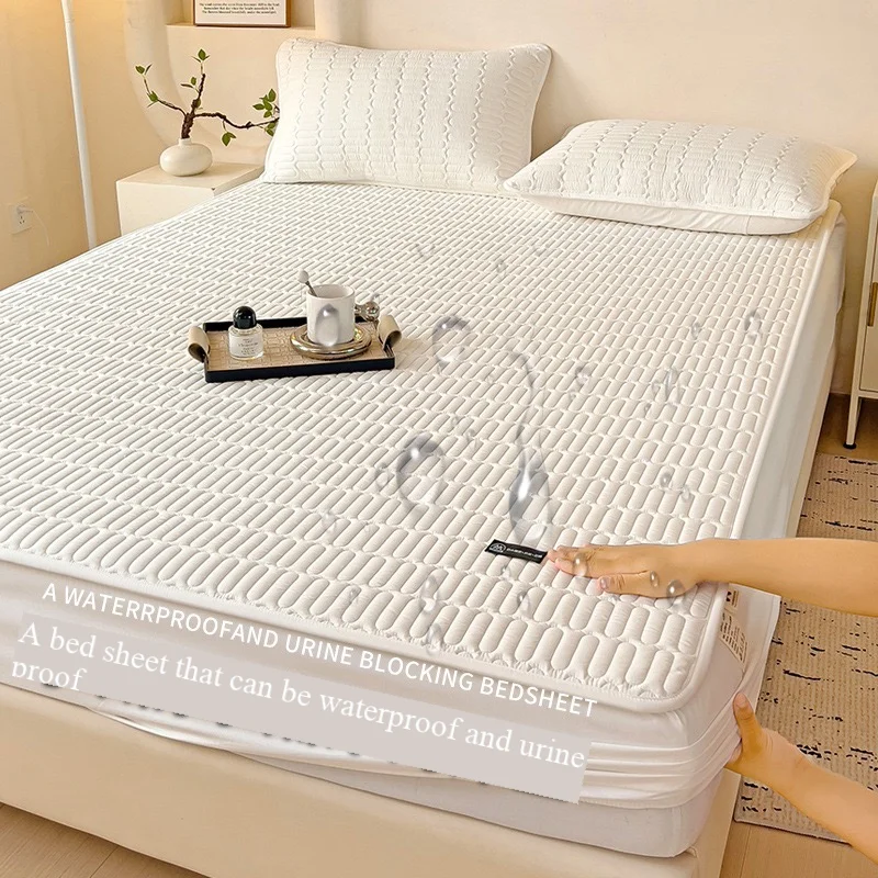 

2025 new solid color soybean antibacterial padded cotton waterproof fitted sheet mattress protective cover without pillowcase