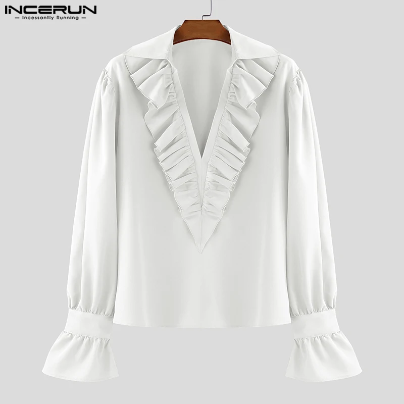 

INCERUN Men Shirt Solid Color Pleated Lapel Long Sleeve Loose Men Clothing Streetwear 2025 Elegant Ruffle Male Shirts Camisas