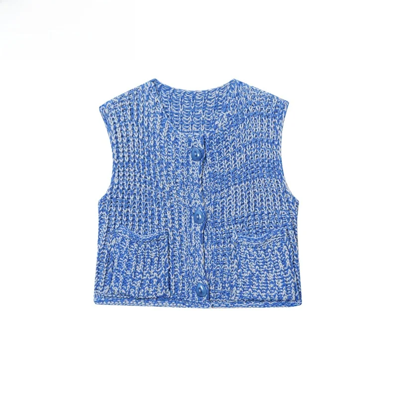 

ZBZR Spring New Women's Lazy Sle Knitted Vest Svel Coarse Needle 58020 400 ort round Ne Single Button Pure Colo...