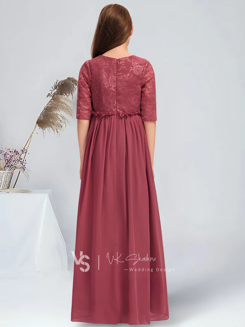 فستان وصيفة العروس من الشيفون بطول الأرض على شكل حرف a مع فستان فتاة الزهور على شكل زهرة القرفة المطوي للمراهقين في حفلات الزفاف #2