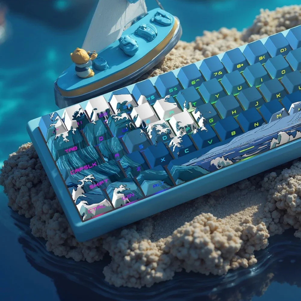 Blue Vintage Wave Cherry Profile Key Caps Custom DIY Gaming Keyboard Side Engraved Translucent Keycaps for Mechanical Keyboard